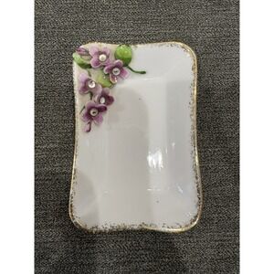 Vintage Lefton Violet China Bone Dish / Trinket Tray Gold Trim Hand Painted 196